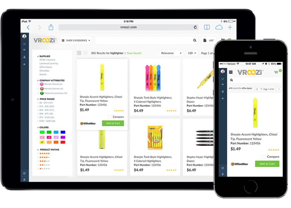 Vroozi’s modern and mobile marketplace provides employees an intuitive e-commerce interface and a powerful search engine to purchase products and services at speed and scale.
