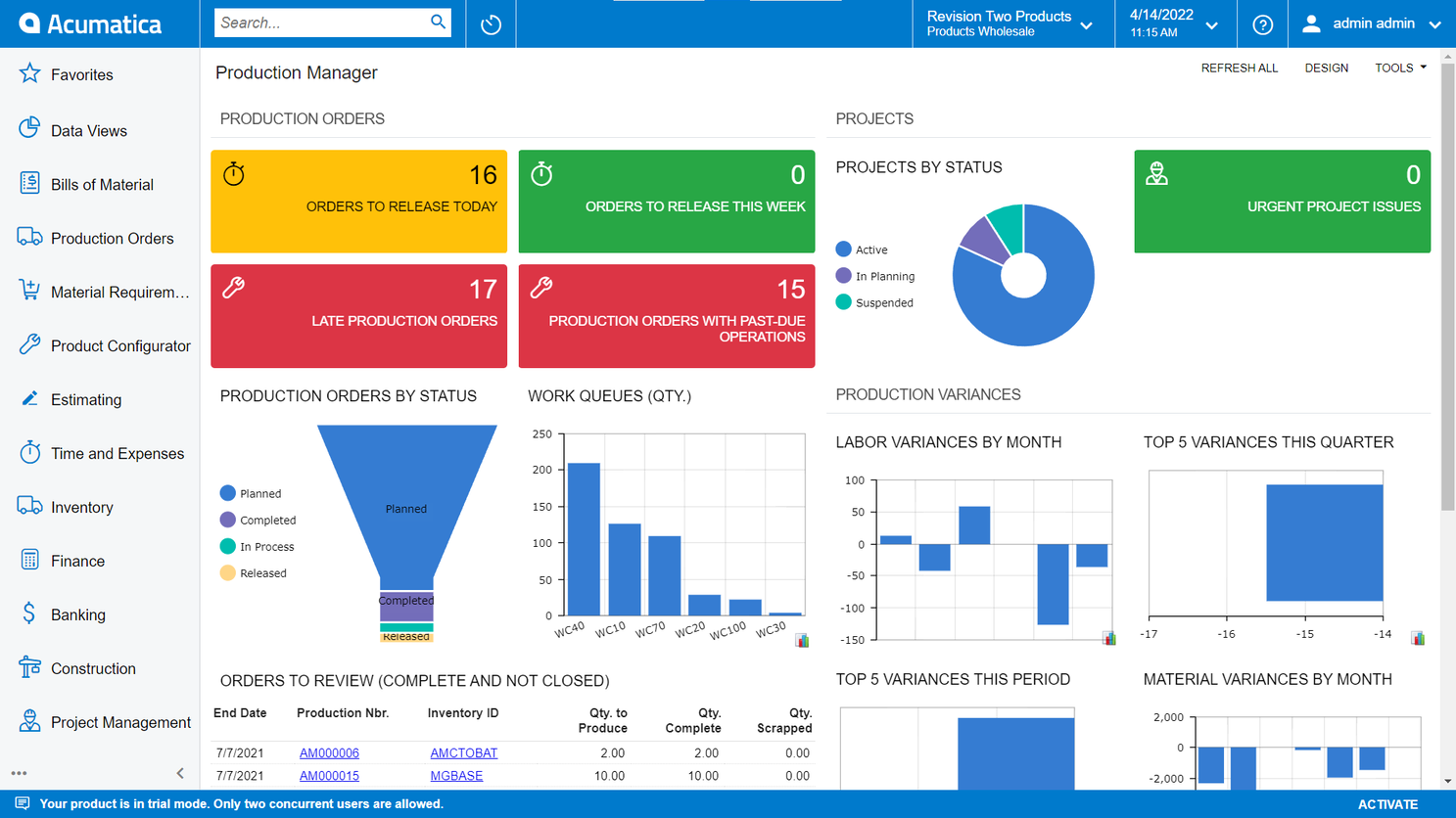 Acumatica Cloud ERP - Production Manager Dashboard