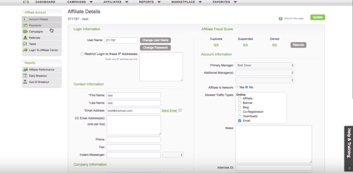 LinkTrust affiliate data management screenshot