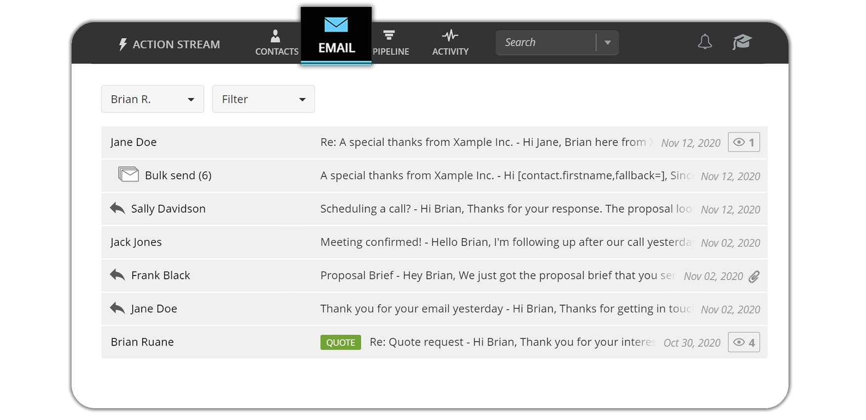 OnePageCRM Software - We remove distractions and ensure that only sales emails make the cut and get added to the dedicated Email tab. Send and reply to emails straight from the CRM, send personalized emails in bulk, use custom templates, track email opens, and more!