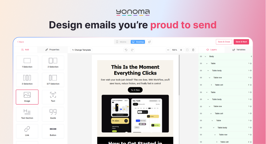 Yonoma screenshot: Create beautiful emails in minutes with our easy drag-and-drop builder.
No design skills needed — just pick, drop, build and send email campaigns you’re proud of.