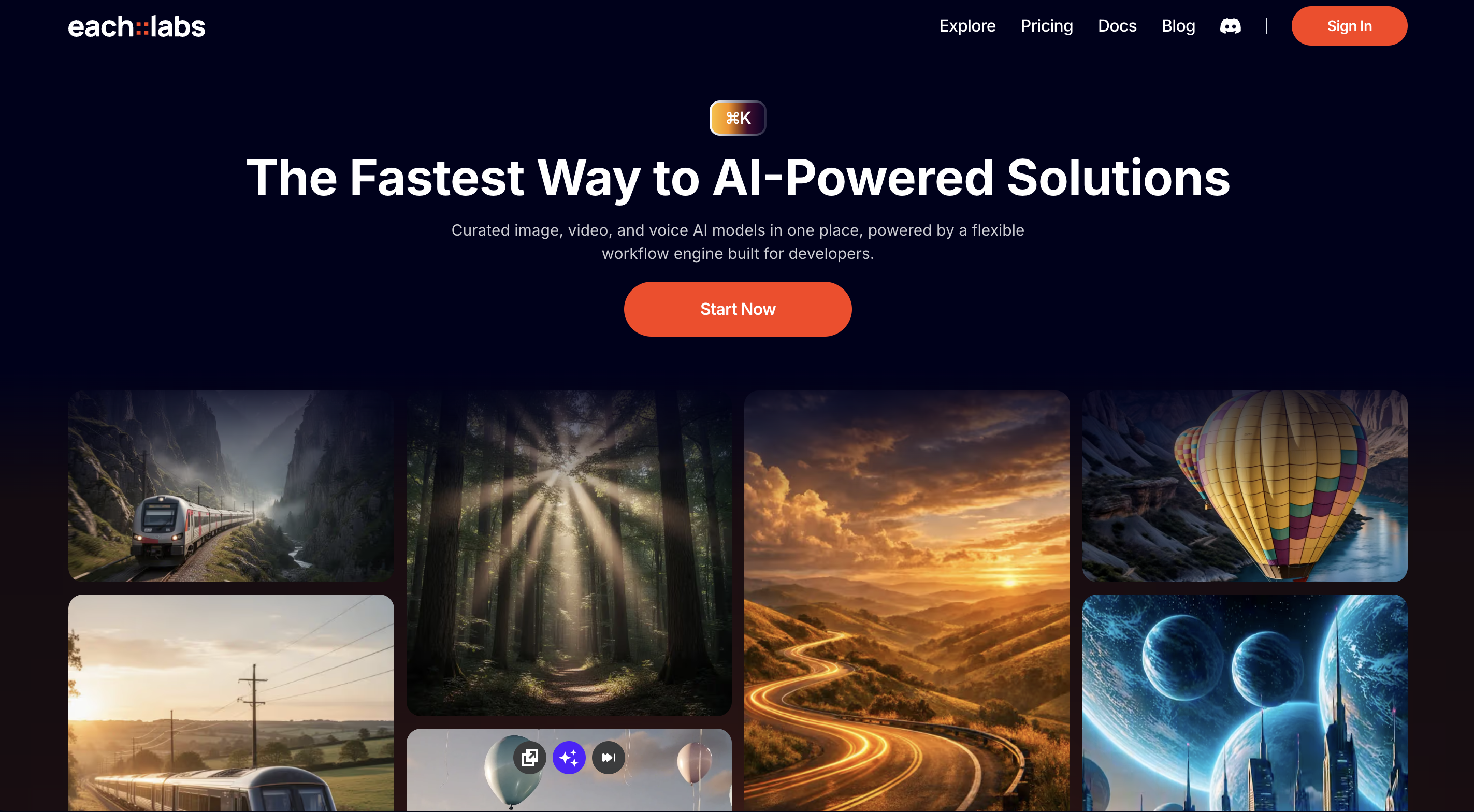 Eachlabs screenshot: Eachlabs homepage showcasing curated AI image, video, and voice models 