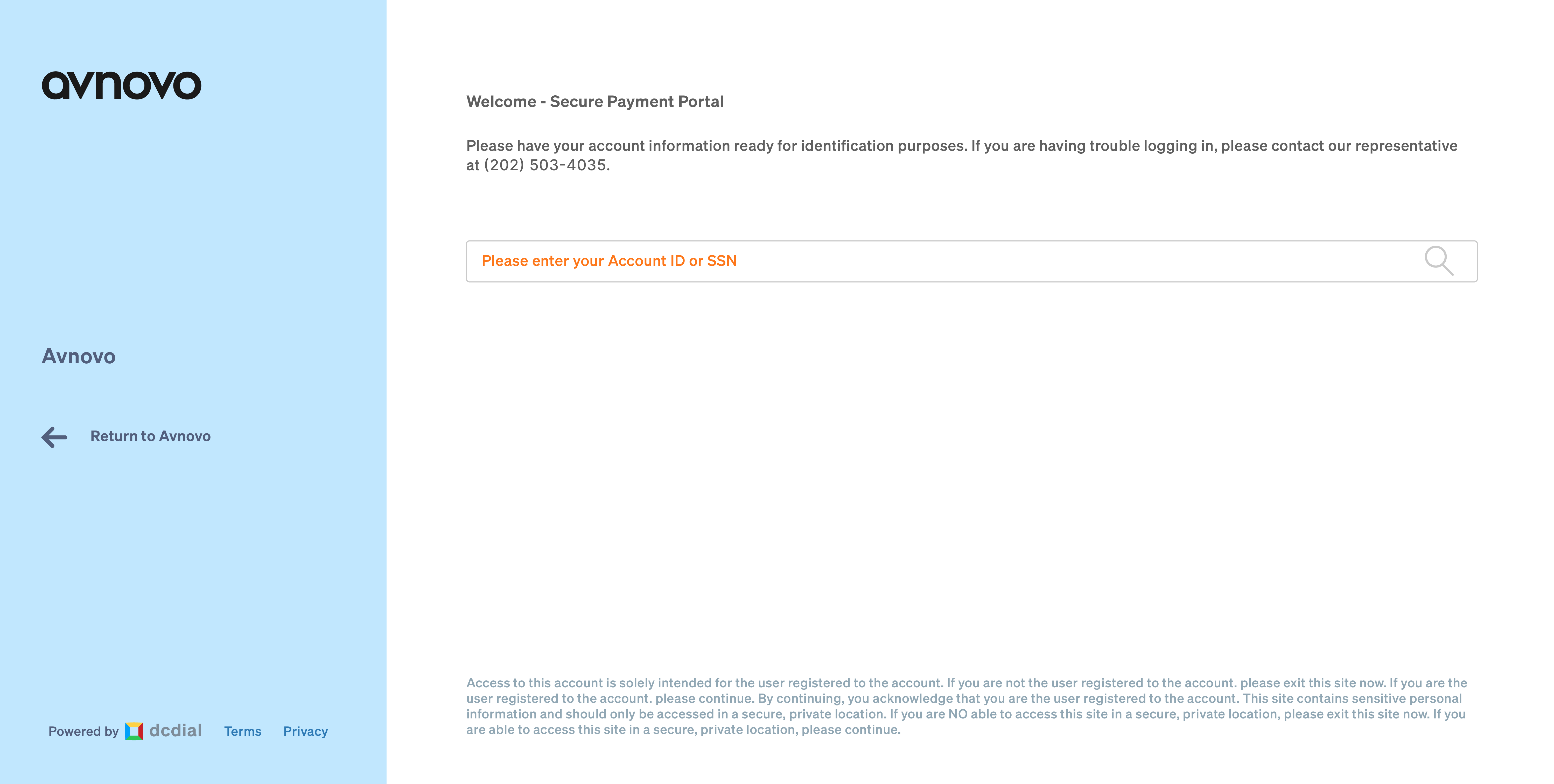 Avnovo screenshot: Customer Portal Login Page