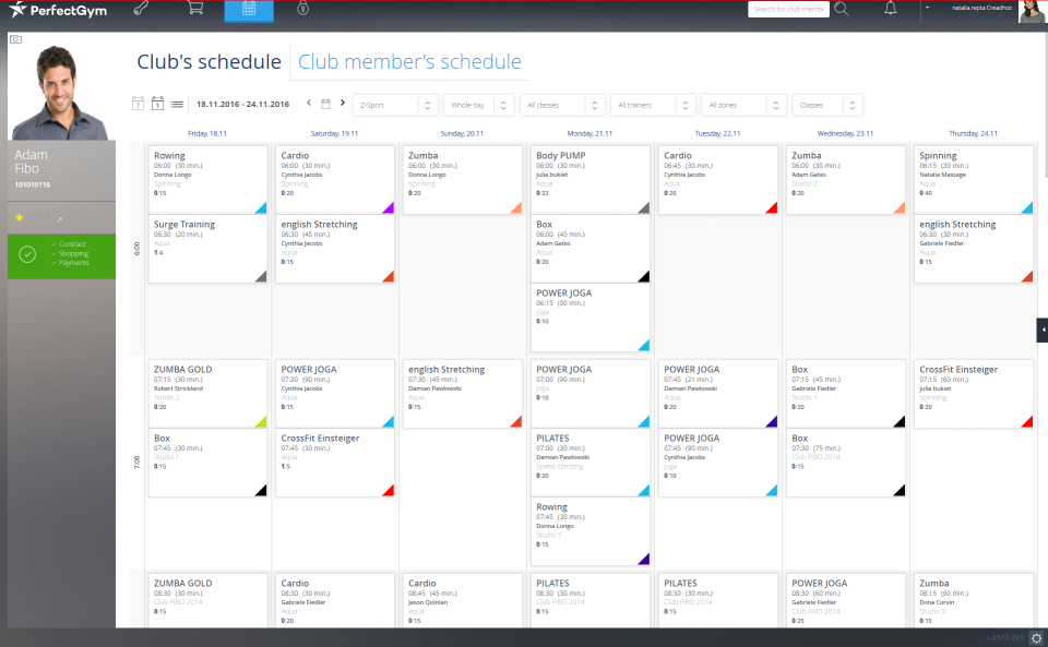 Perfect Gym Software - Members can switch through the club's schedule and their own personal schedule to view all upcoming classes