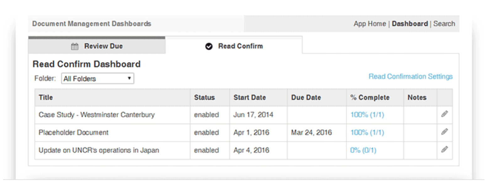 Intranet administrators can view all documents that have Read and Agree enabled in one central location