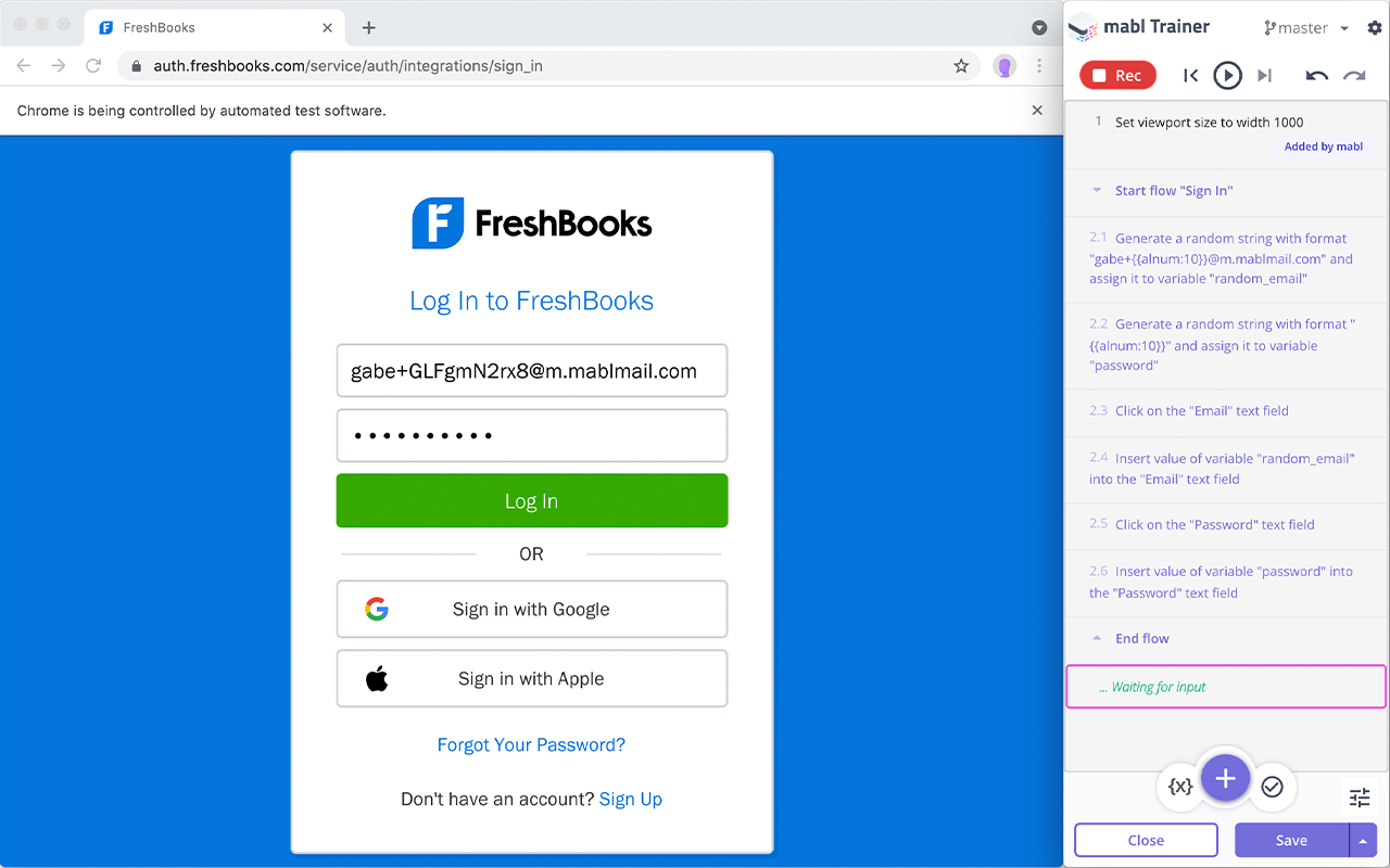 mabl Software - How to build tests using the mabl Trainer. In this example, we are testing the login flow of the Freshbooks web application. Each test step is created by interacting with your application and is recorded in the Trainer.
