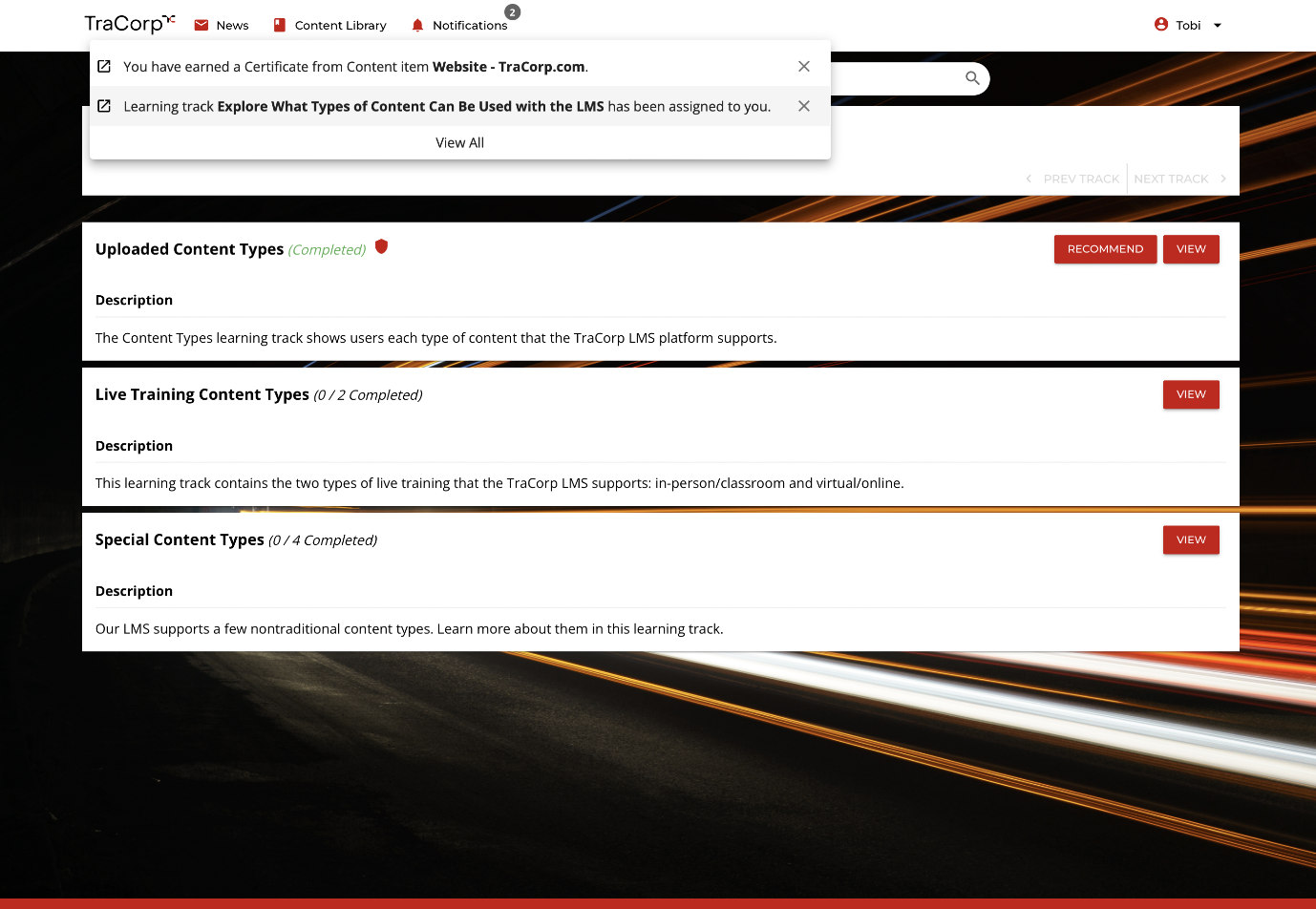 TraCorp LMS Software - Set your LMS administration on autopilot with one-click in-platform notifications. Keep learners up to date with their assignments, due dates, peer recommendations, certification expirations, earned certificates and more!