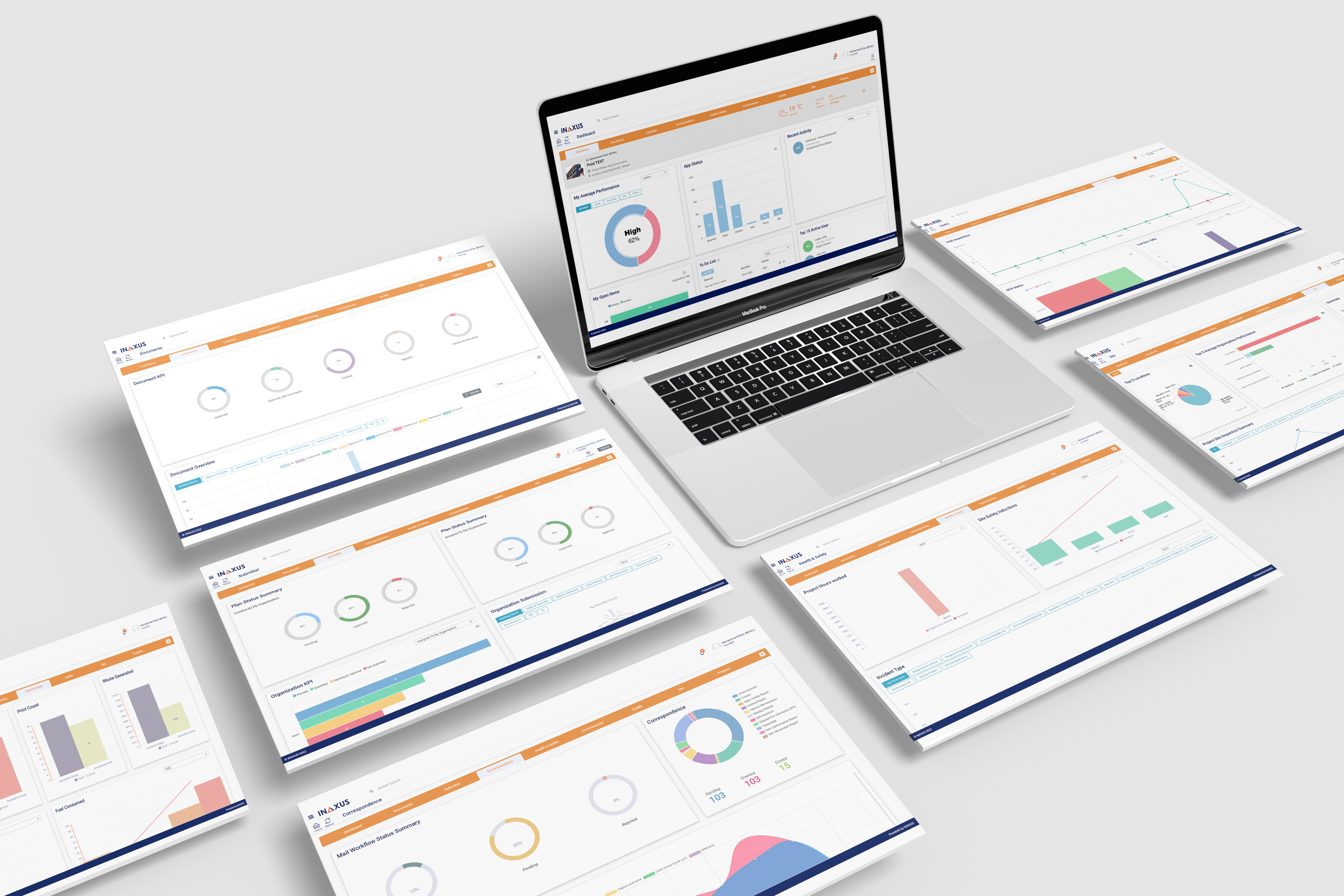 INAXUS screenshot: INAXUS Dashboard: A centralised hub delivering real-time insights and visual data to support smarter, faster decisions across all projects and modules.