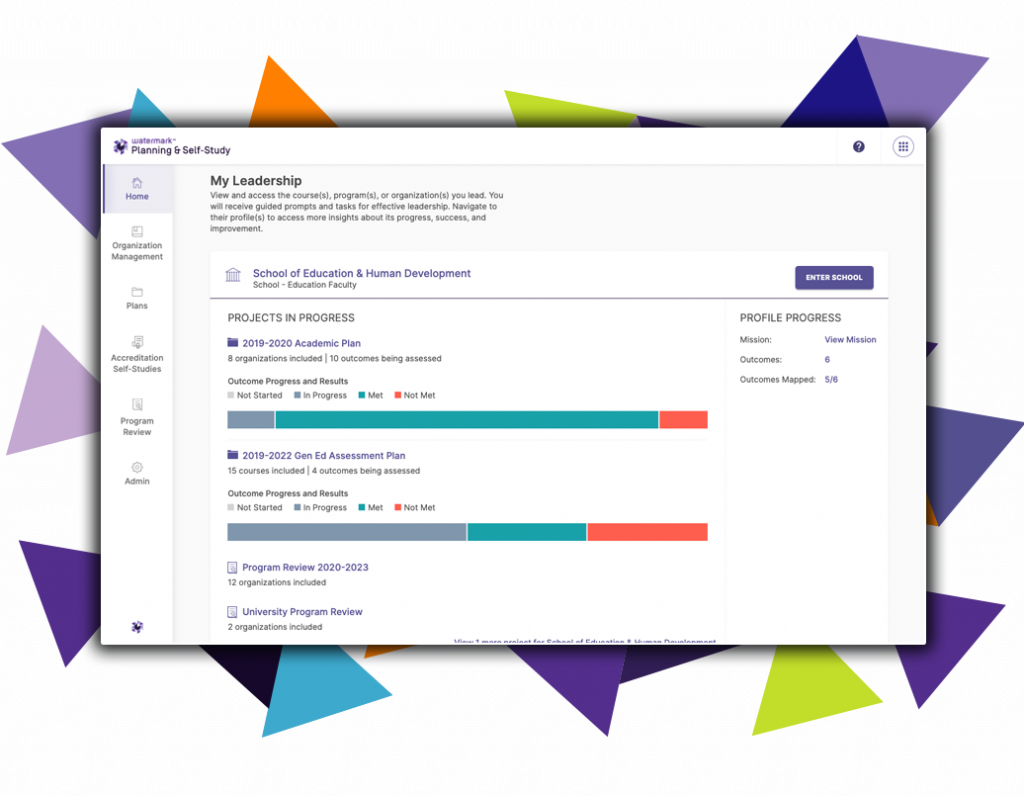 Watermark Planning & Self-Study creates an integrated hub for managing strategic planning and assessment reporting across campus. The solution supports program review, self-study, and outcomes assessment.
