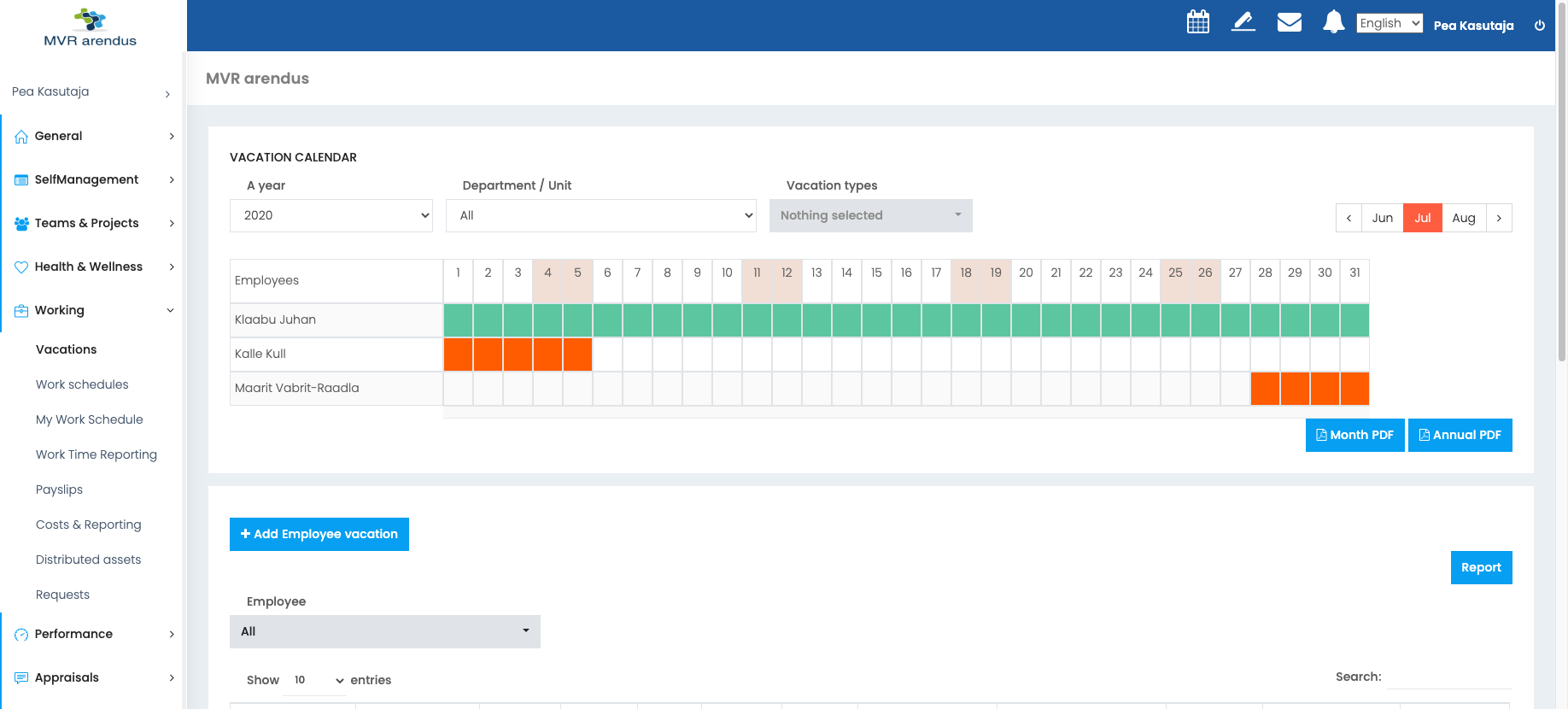 SinuLab screenshot: Vacation management tool