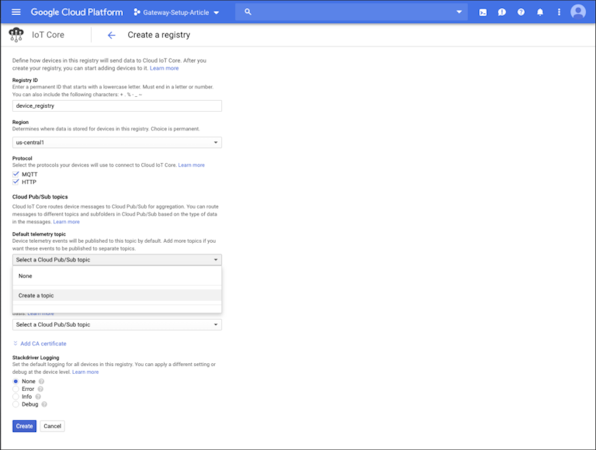 Google Cloud IoT screenshot: Google Cloud IoT create a registry
