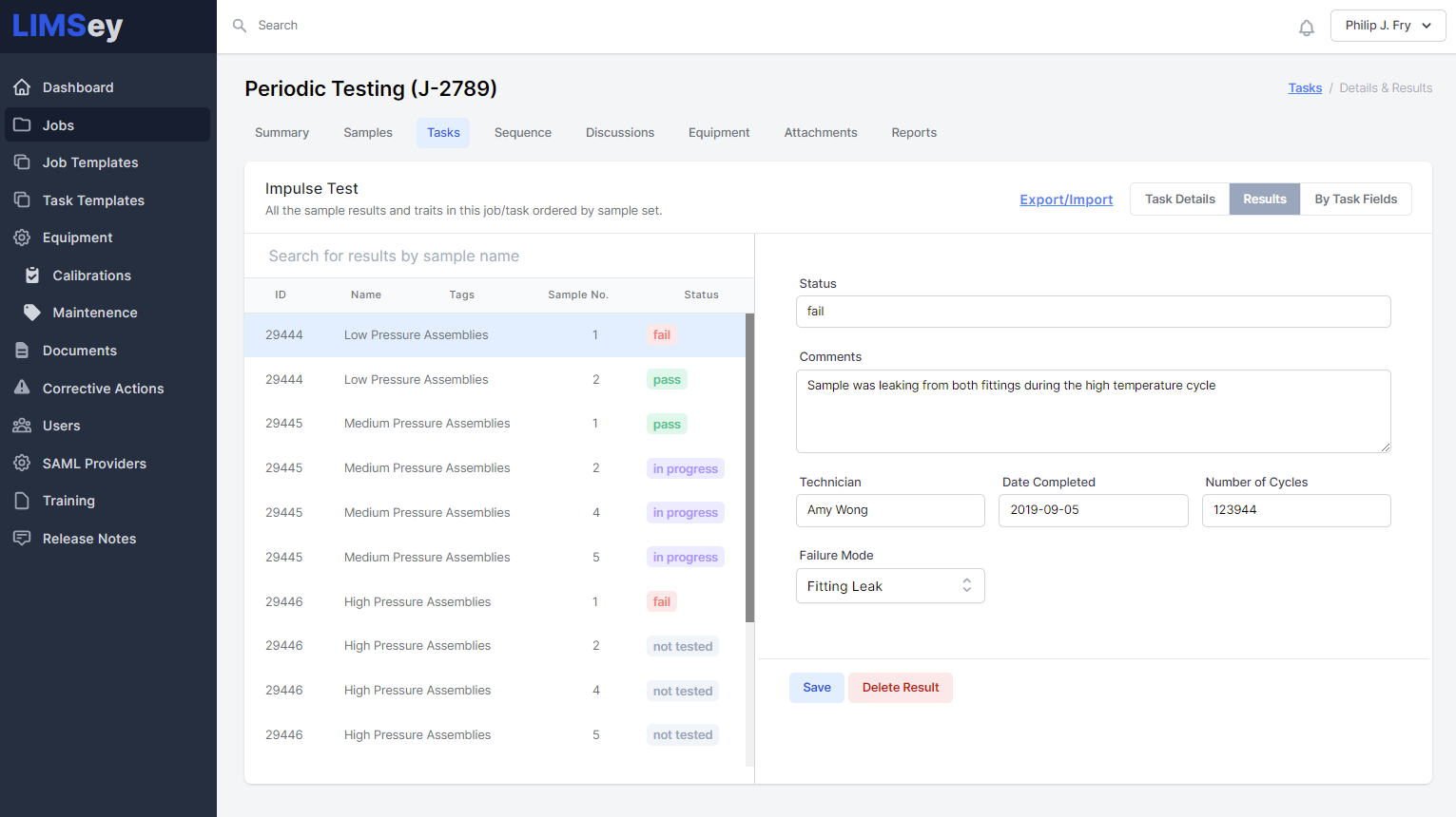 LIMSey screenshot: A result input screen for an individual test within a job.