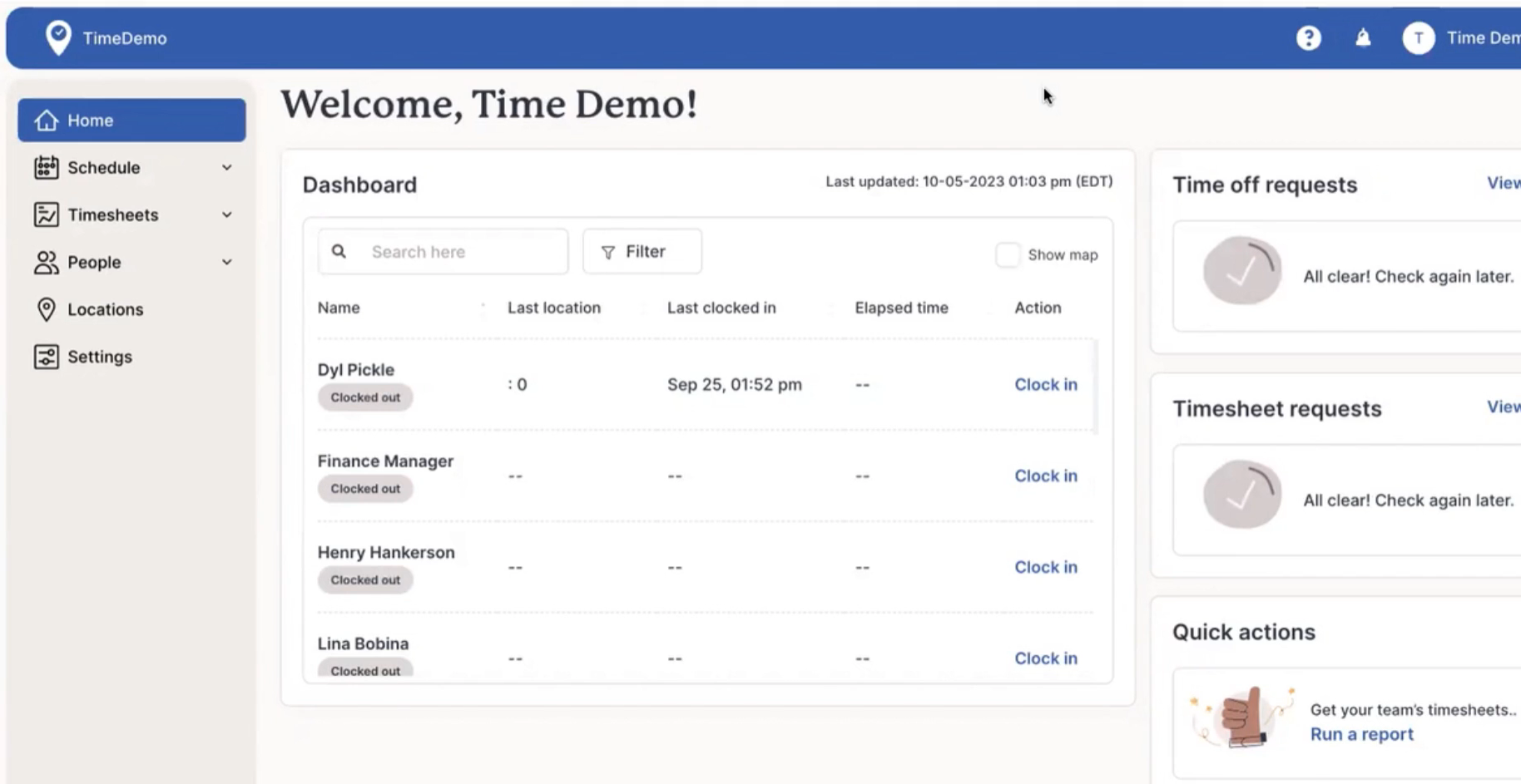Time by Wagepoint screenshot: Admin Home Page - See employee activity at a glance, manage requests, and take quick actions.
