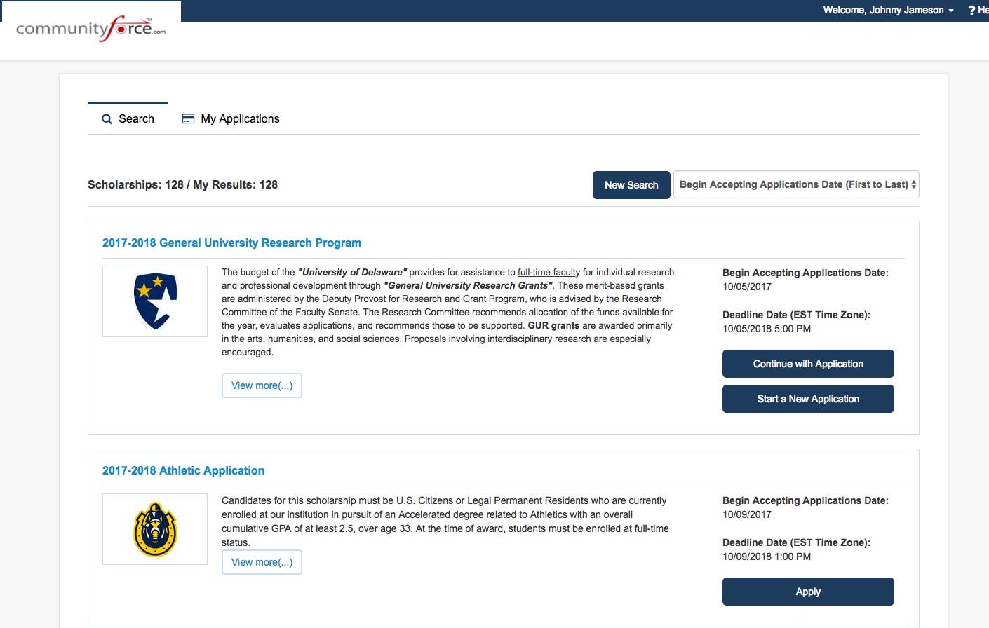 Scholars United Software - Fund list page