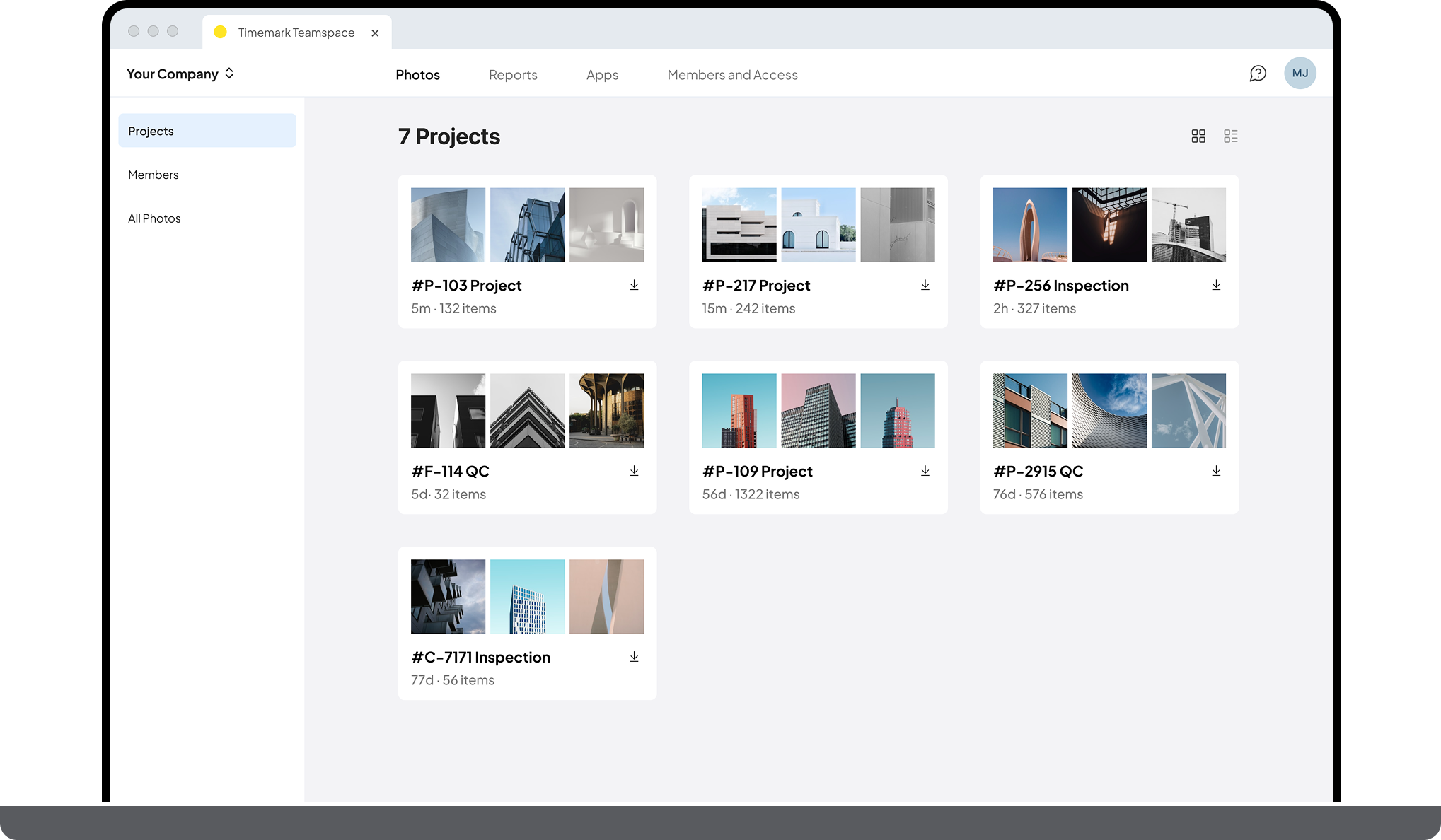 Timemark screenshot: Timemark web portal for teams to upload, manage, and export job site photos