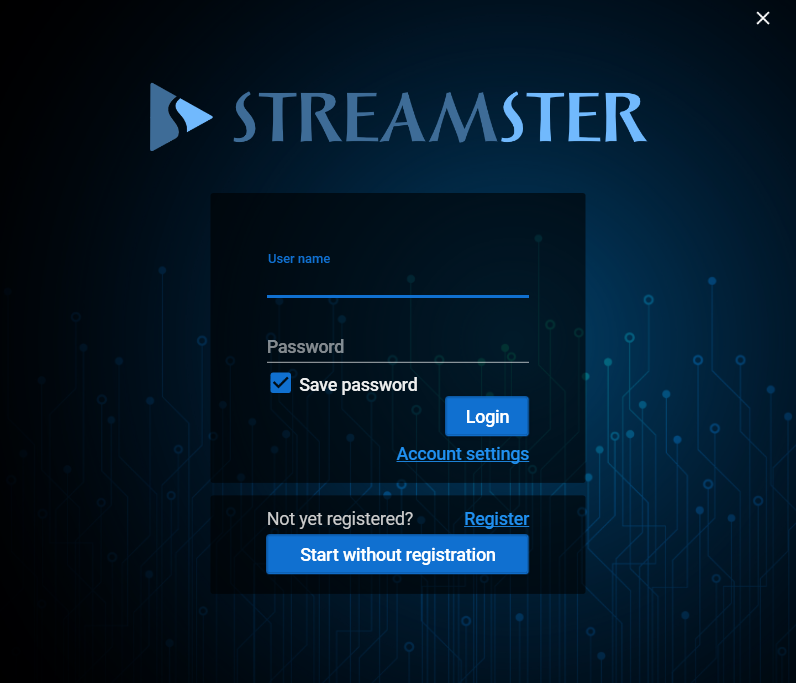 Streamster screenshot: Login screen