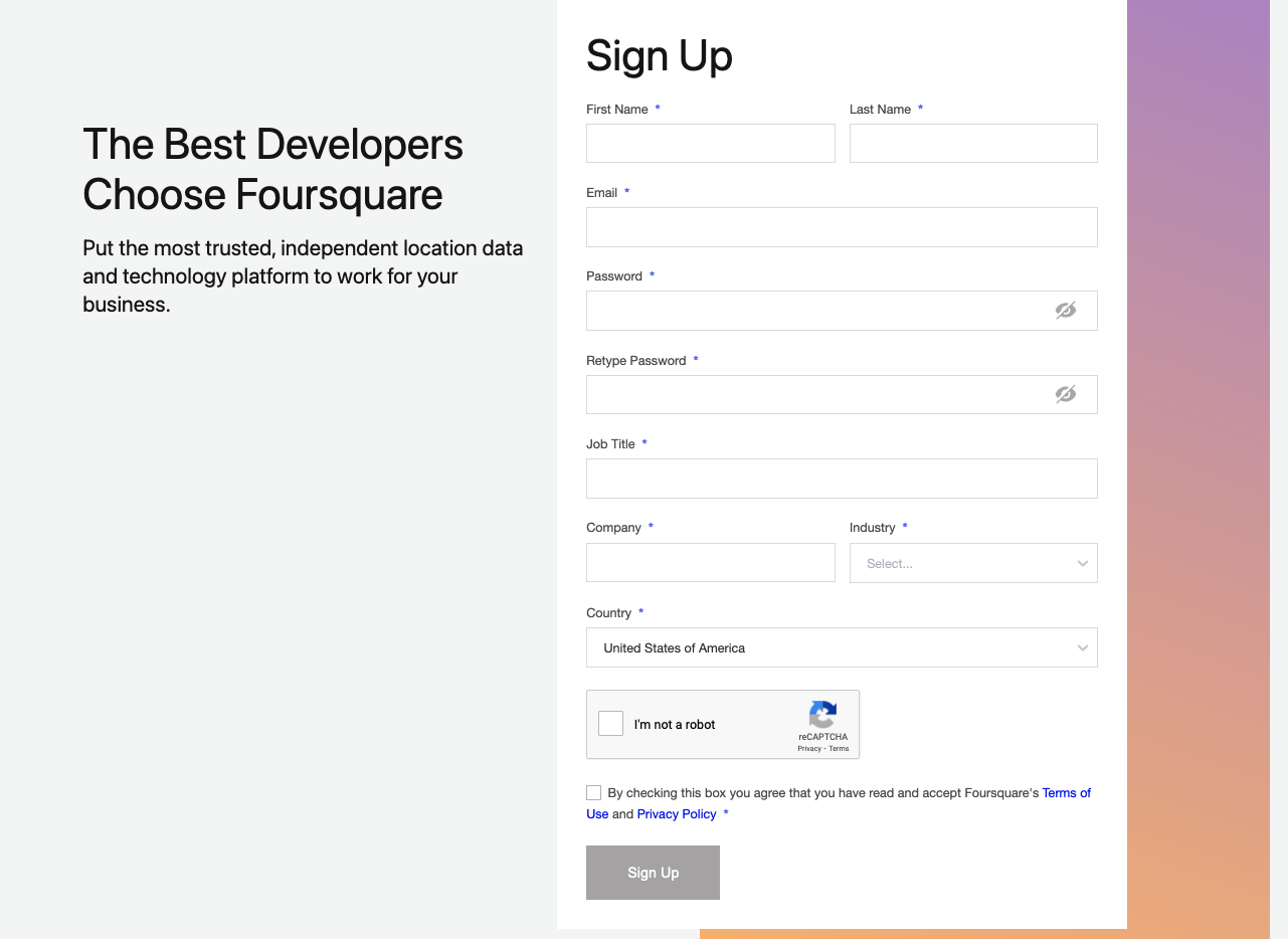 Foursquare Places screenshot: Foursquare Developer Console