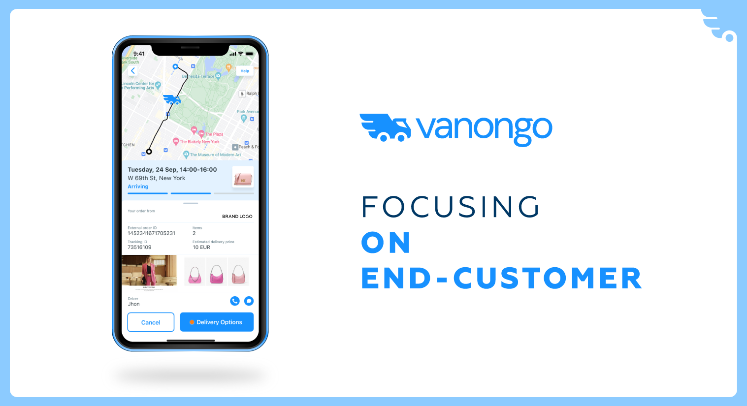 VanOnGo screenshot: Boost customer satisfaction with transparency and effective communication. Keep your customers informed by providing real-time updates and ETAs while maintaining your company's brand image.