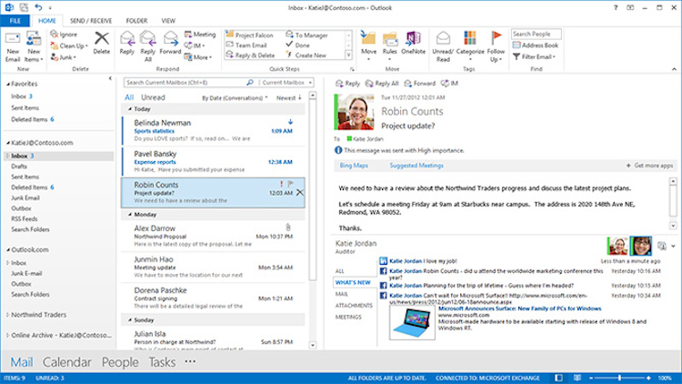Microsoft Outlook screenshot: Get a unified view of all emails, calendars, contacts, and files