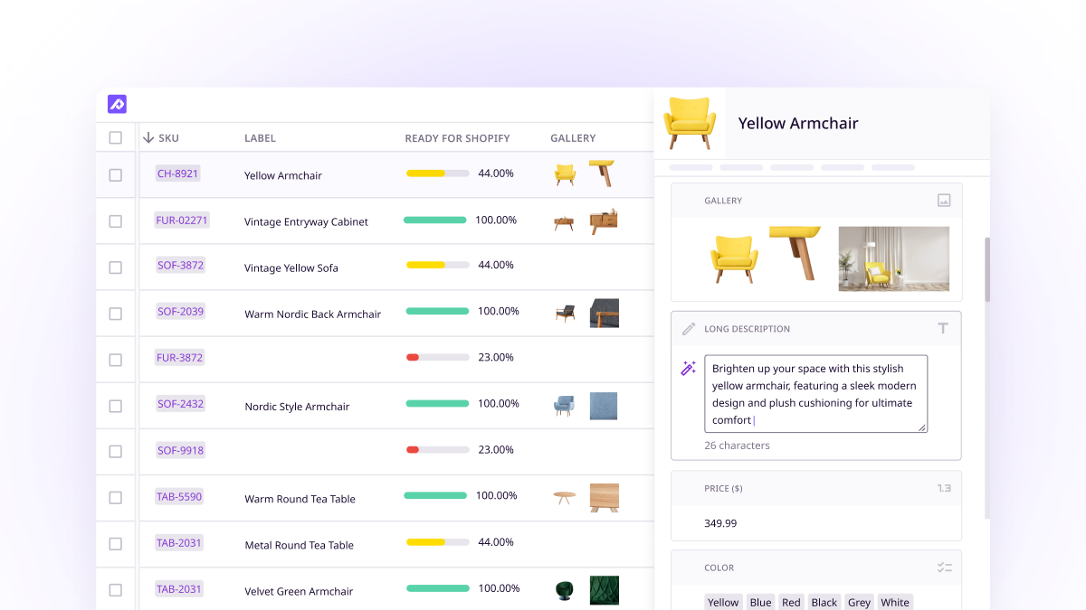 Plytix screenshot: Slice and dice your data just the way you need with custom filters, and views. Always stay on top of your product information with completeness attributes and bulk edit your information to enrich your products on the fly. 