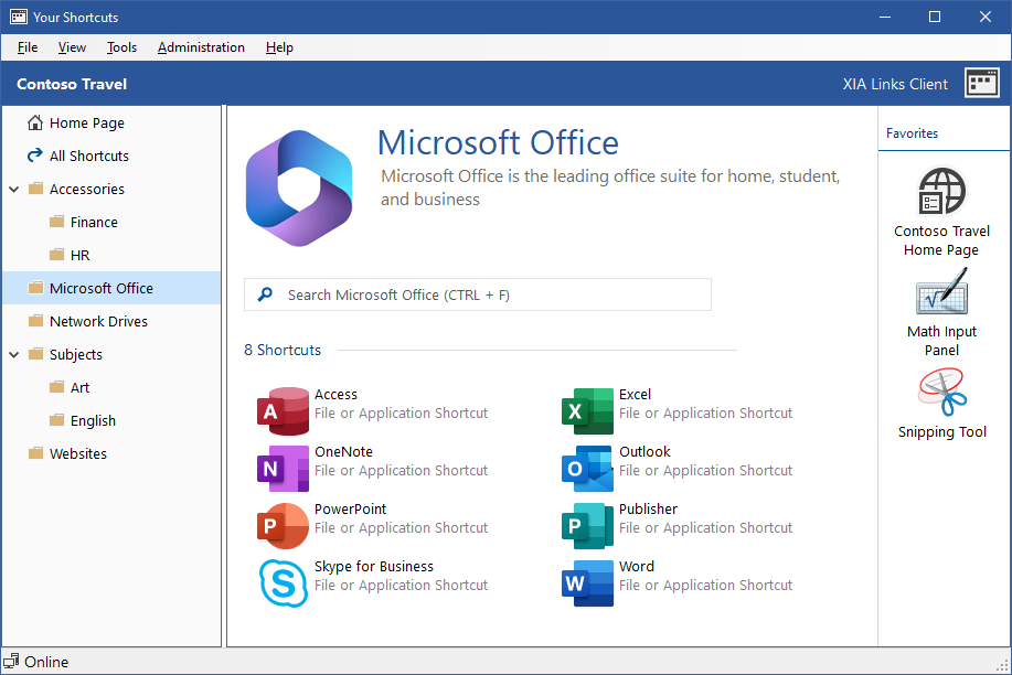 XIA Links Server screenshot: Screenshot of shortcuts in the XIA Links user interface.