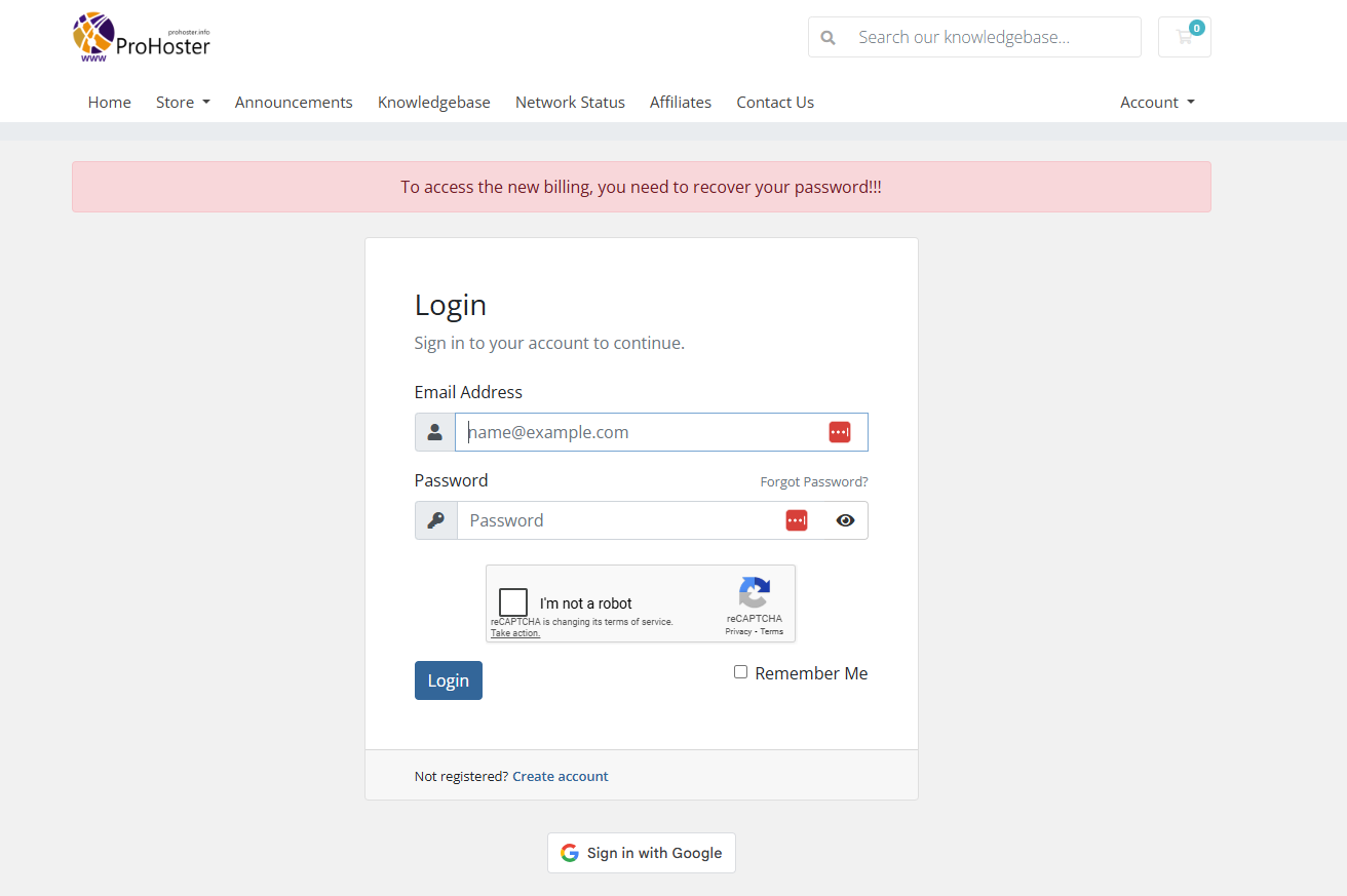 ProHoster VPS screenshot: ProHoster VPS login page