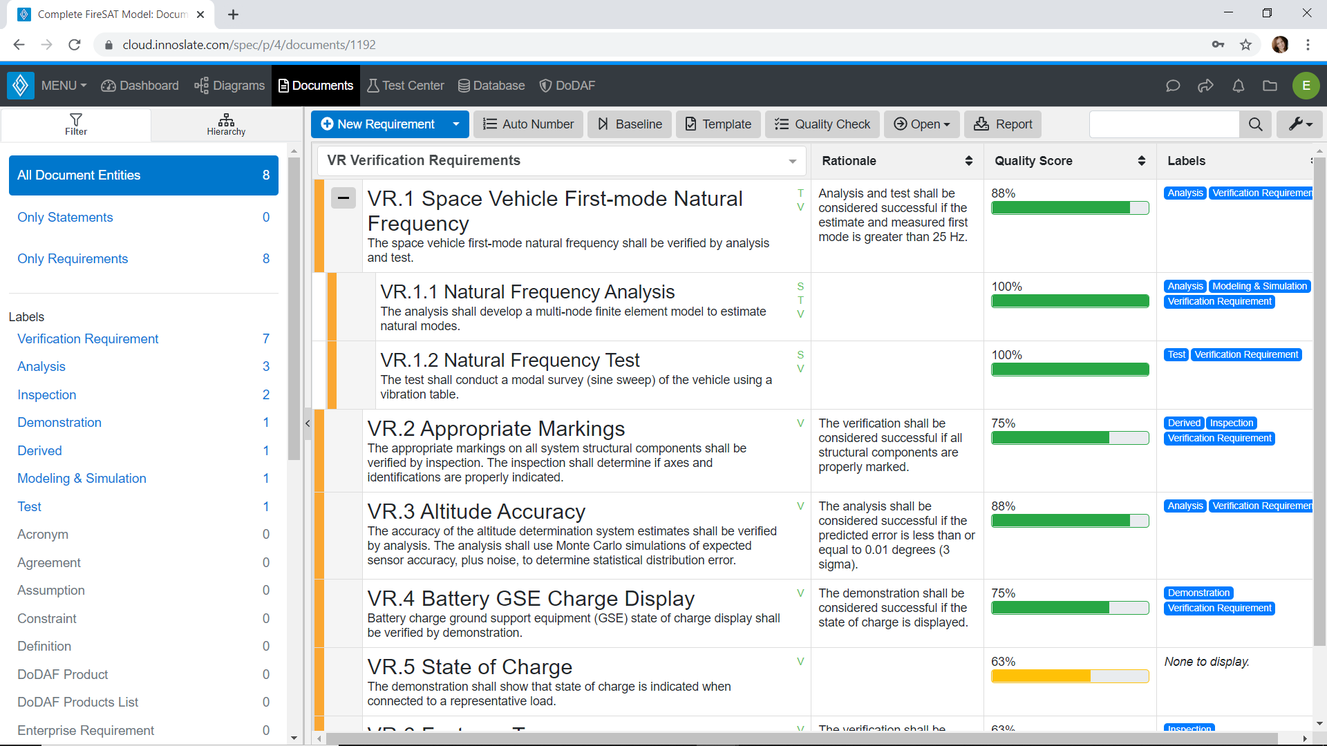 Innoslate screenshot: Innoslate’s Requirements Management module enables teams to capture, analyze, verify, and trace requirements throughout the system lifecycle. With AI-assisted quality checks, automated traceability matrices, and direct links to design and test artifacts.