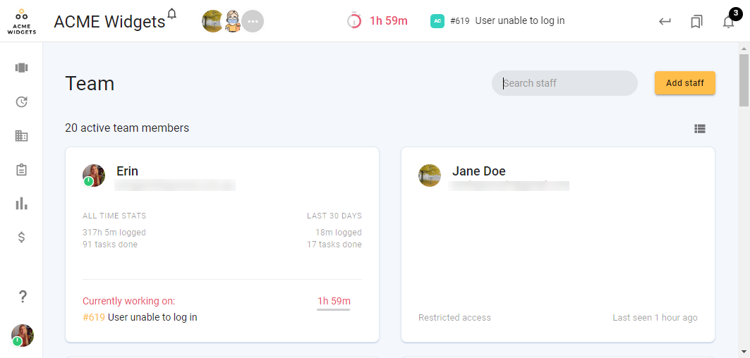 As users track their time directly on tasks in todo.vu, Admin users can see at a glance what everyone is working on.