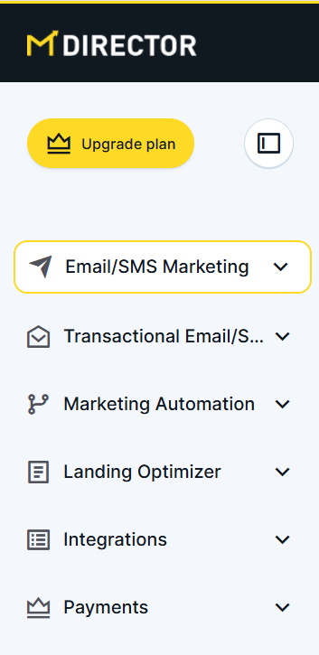 MDirector screenshot: MDirector Menu.

Our Products: Email & SMS Marketing, Transactional Email & SMS, Marketing Automation, Landing Optimizer, Integrations. 