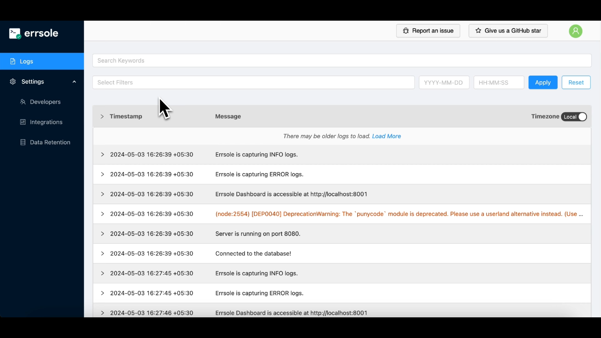 errsole screenshot: Errsole Dashboard