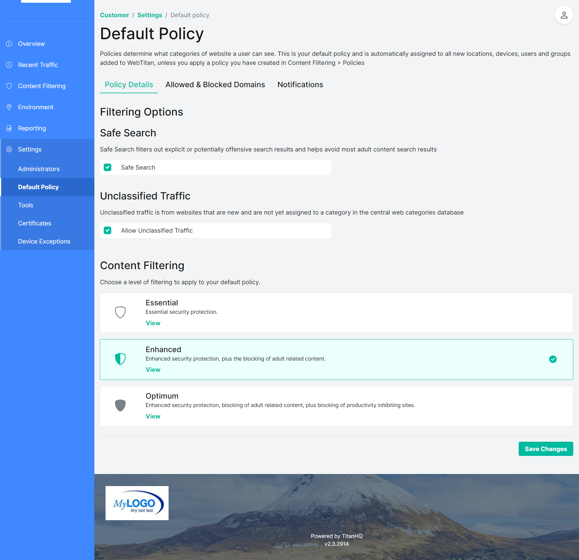 Default Policy - Settings