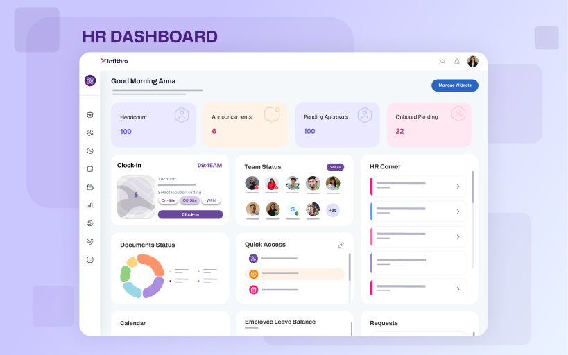 infithra screenshot: infithra With the HR Dashboard, teams get a centralized view of key metrics like headcount, onboarding status, team attendance, and document submissions. Widgets allow real-time tracking and actionable insights.