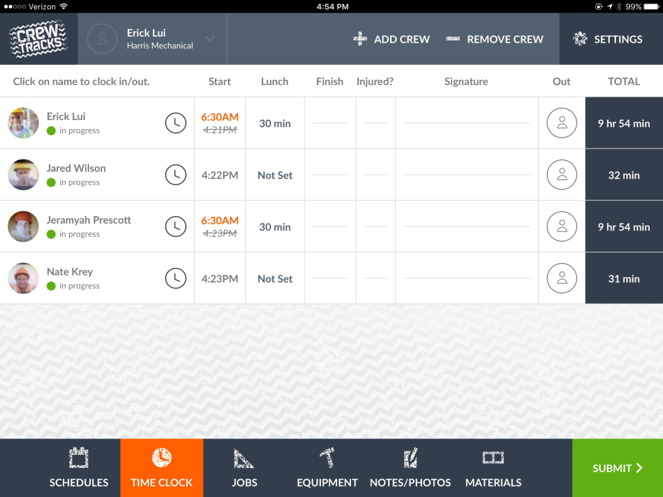 CrewTracks screenshot: Crew working time can be tracked using the built-in time clock