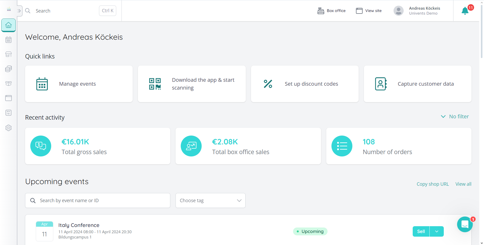 Ticketing Suite screenshot: Your shop dashboard - Easily keep track of the status quo of all the events we manage for you.