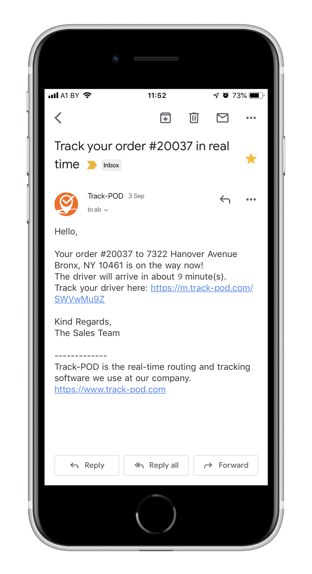 Track-POD Software - ETA notification by email - Track-POD