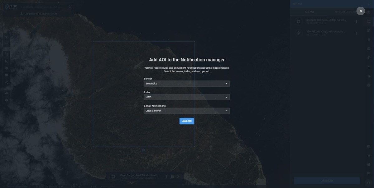 Index change notification manager. It scans new satellite images of your AOI, detects changes in the index values, and sends urgent e-mail notifications to the end user.