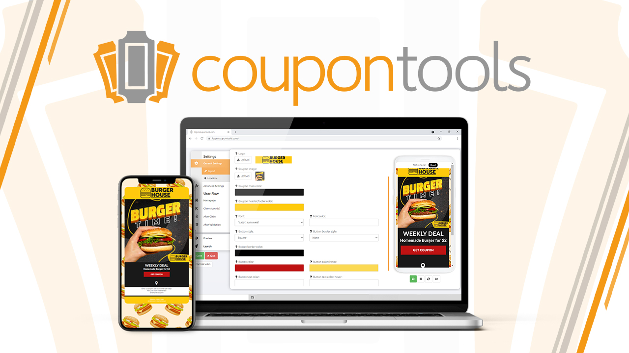 The versatile Coupontools mobile marketing software. Preview of the coupon builder and an example campaign on a mobile phone.