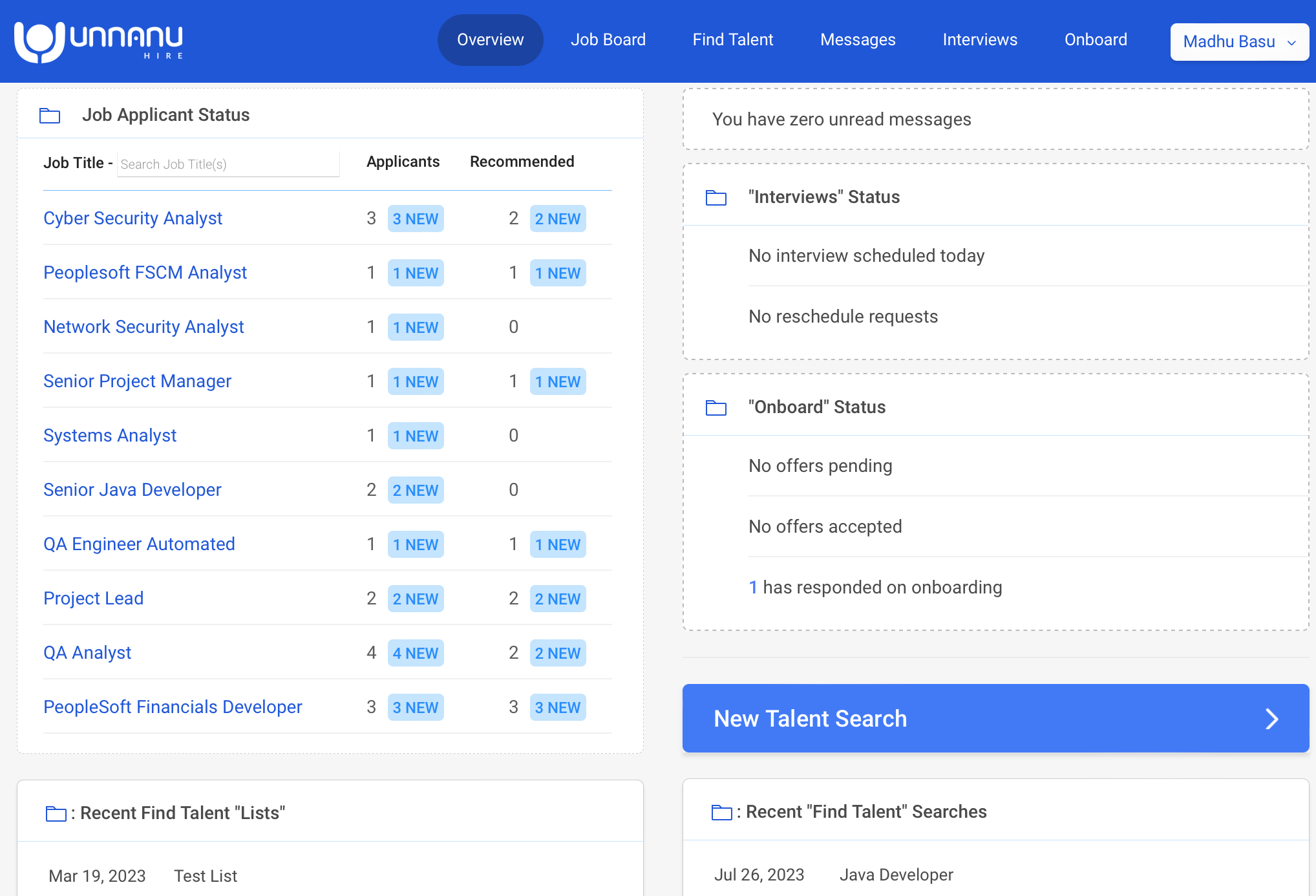 Unnanu Hire screenshot: Unnanu Hire dashboard