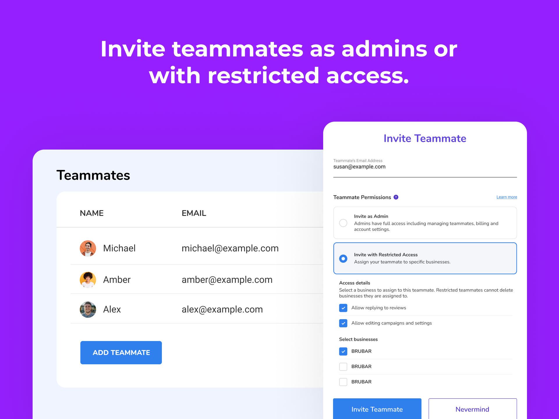 TrueReview Software - Collaborate with your team by inviting them to specific locations with limited access or as admins. Let teammates send review requests, and easily track their requests, engagement, and overall experience.