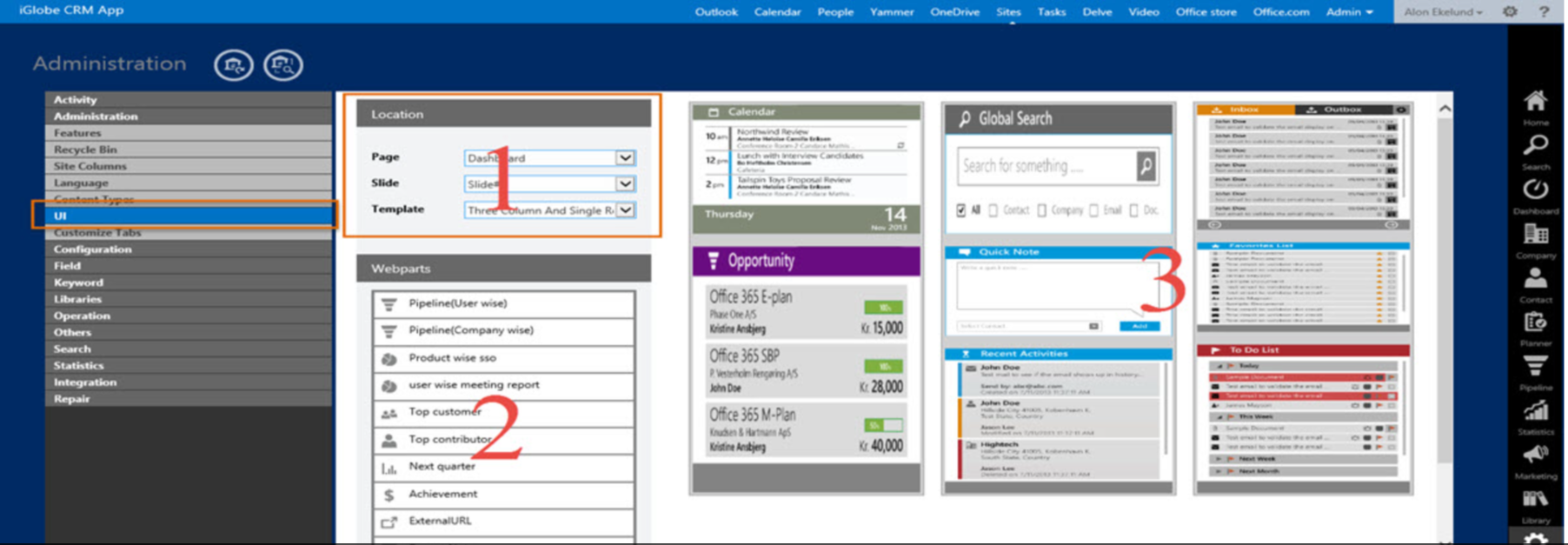iGlobe CRM for Office 365 dashboard