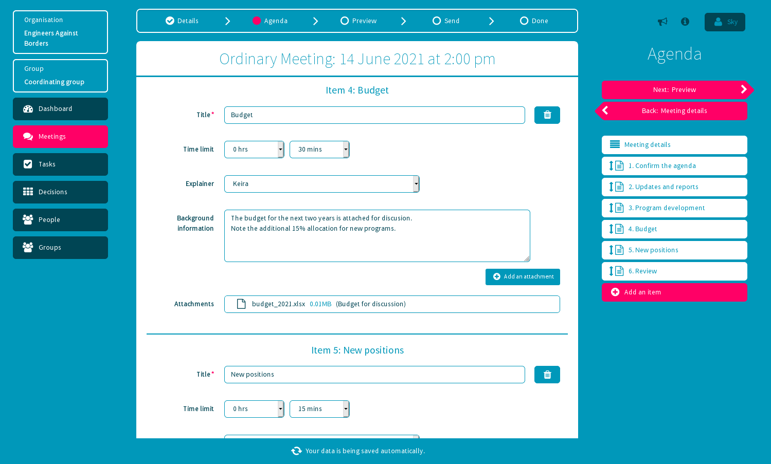 Meetniq screenshot: Buidling an agenda with Meetniq