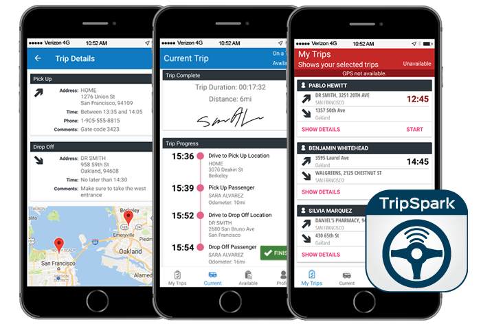 The driver mobile apps allow drivers to access trip information, manage their availability, capture client signatures, and more