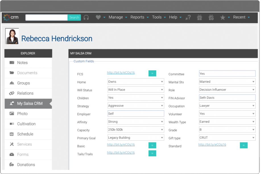 Salsa CRM Software - Users can add an unlimited number of custom fields to donor profiles to record additional information