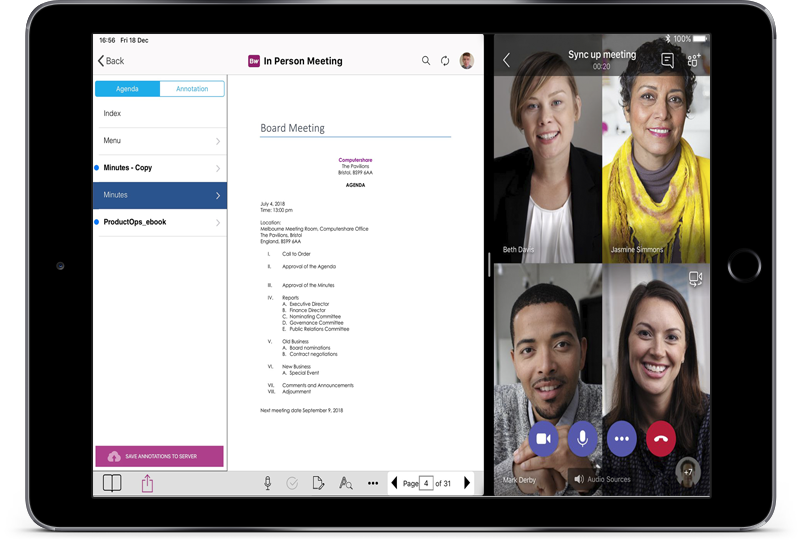 Video Meeting Integration – BoardWorks allows for integration of any virtual meeting platform quickly and easily. Split screen functionality allows users to see and chat with one another while simultaneously viewing material or working in the platform.