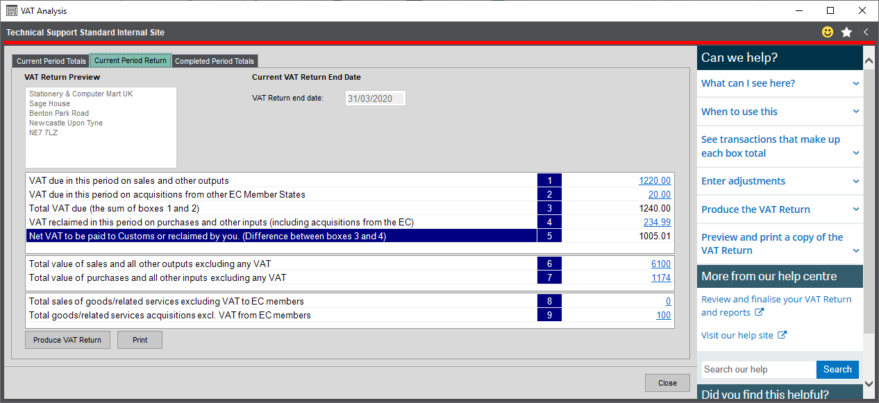 Sage 200 Software - VAT analysis feature
