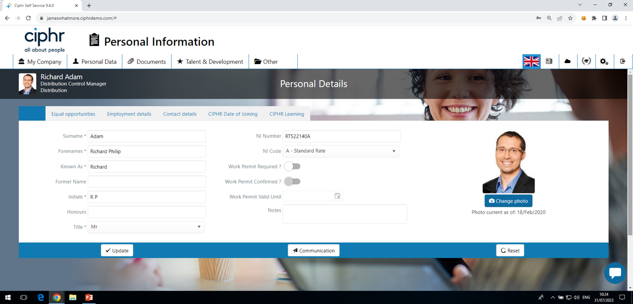 Ciphr HR personal information screen