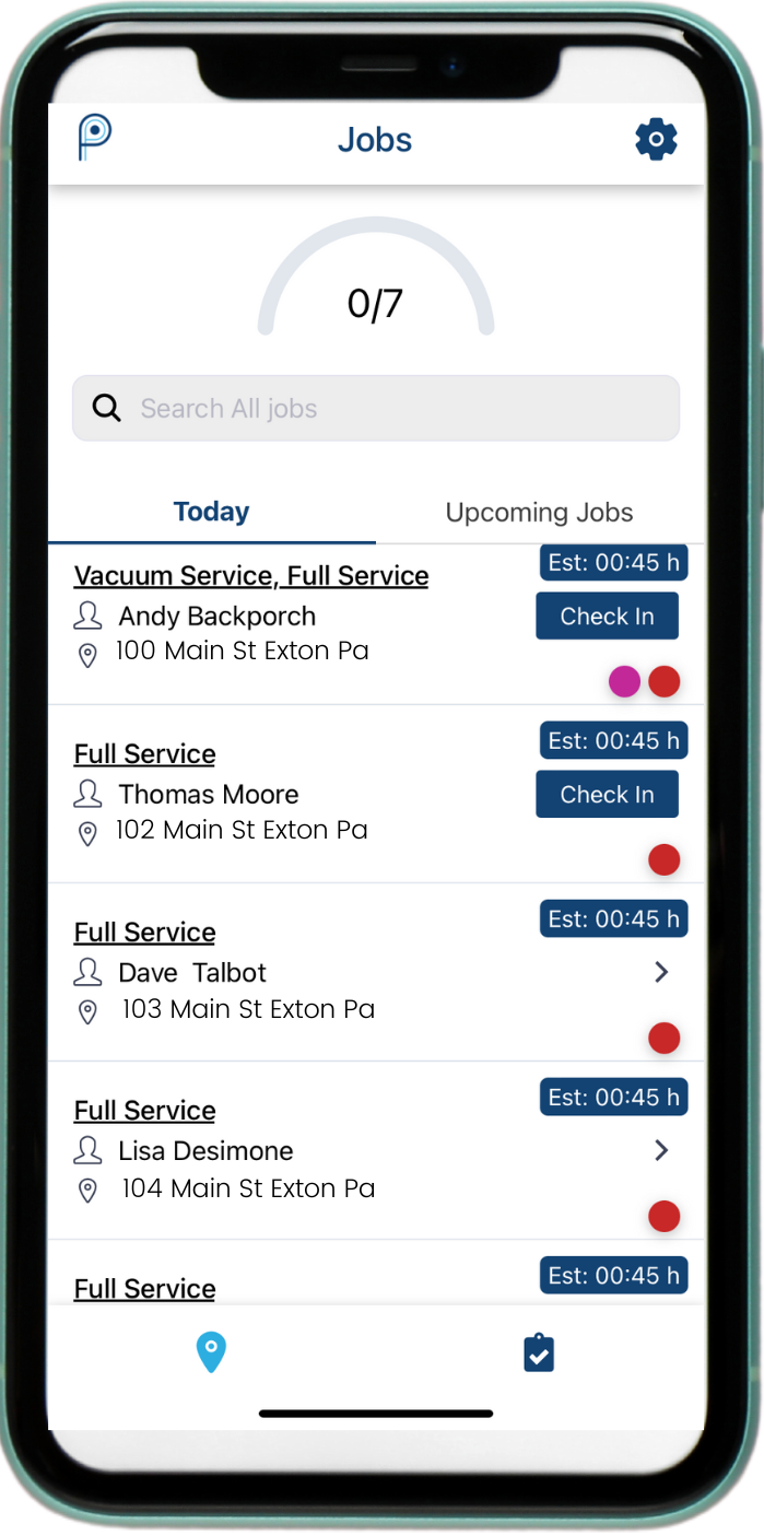 ProValet Technician App showing the list of Todays Jobs along with the ECT and color codes to identify the type of job