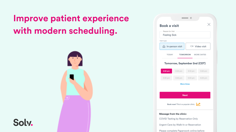 Modern patient self scheduling features your real time availability for patients to find an book their visit