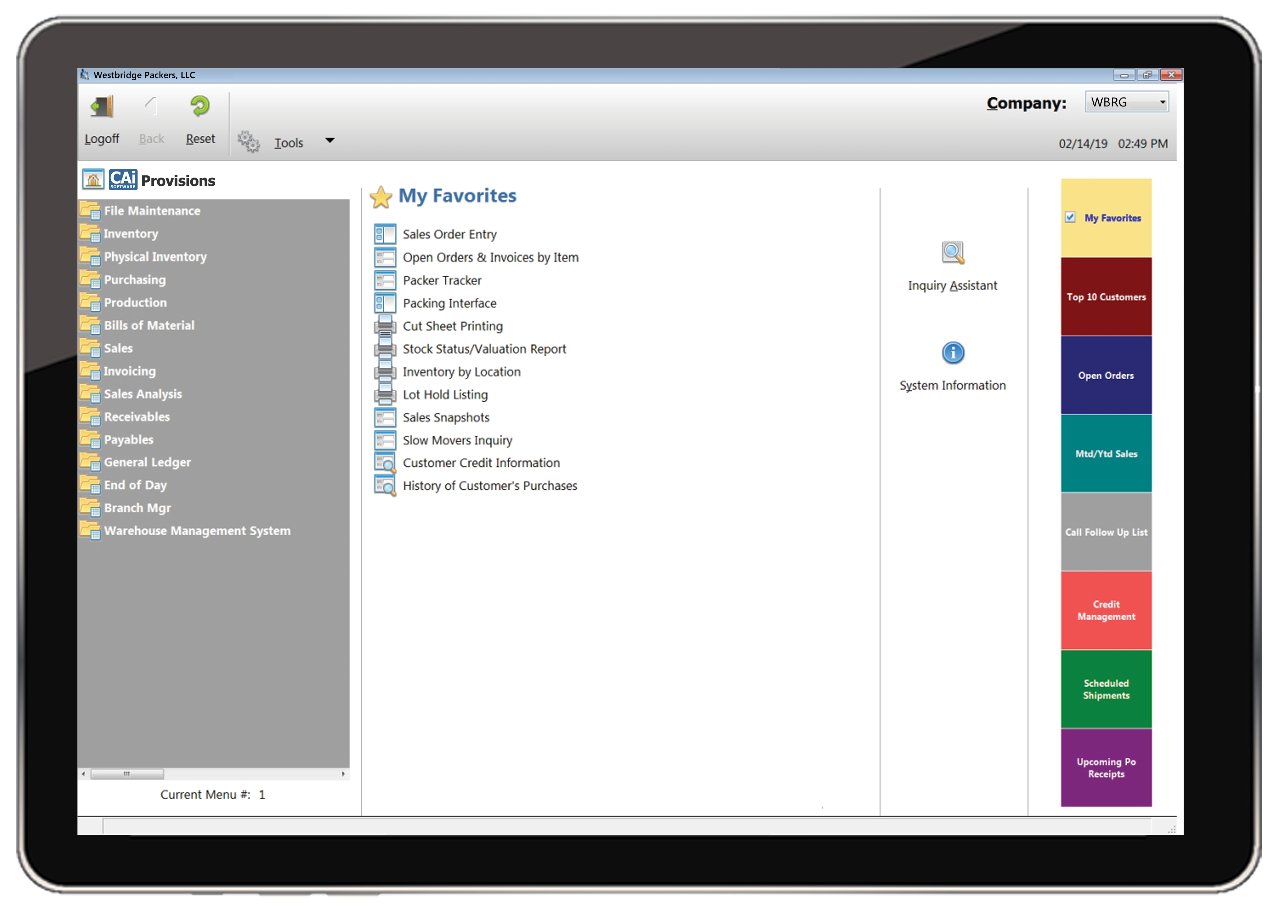 Provisions screenshot: Provisions ERP Software Main Tasks Screen