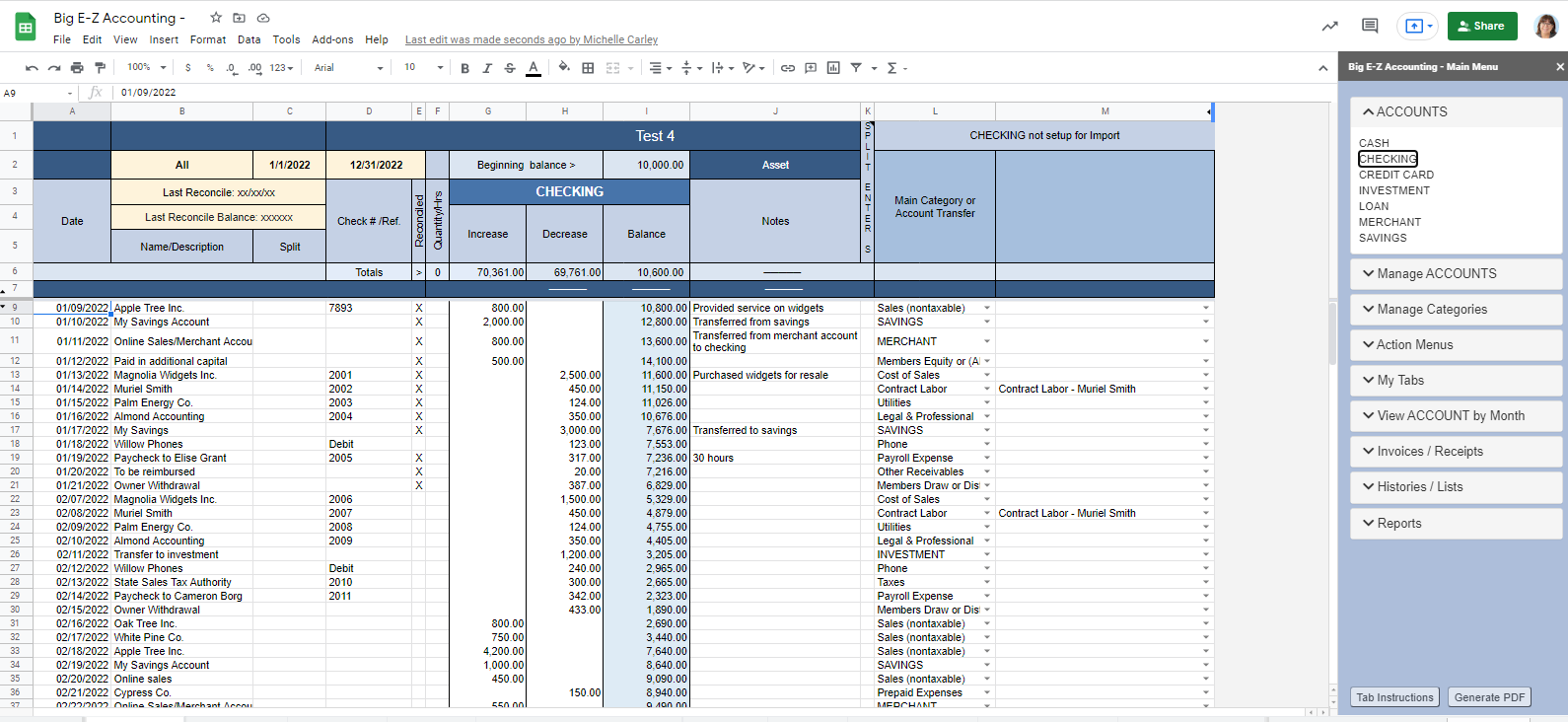 Big E-Z Accounting for Google Sheets Software - Checking Ledger